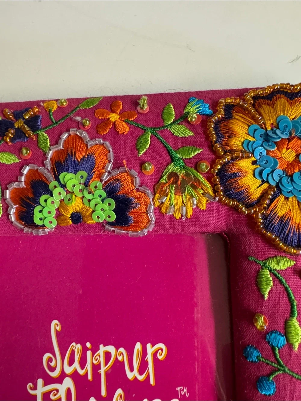 Vintage Two's Company Hot Pink Embroidered Floral Photo Frame 4”x 6”